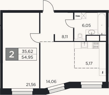 Планировка: 2-к, 55 м²