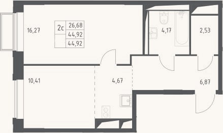 Планировка: 2-к, 44,9 м²