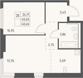 Планировка: 2-к, 40,5 м²