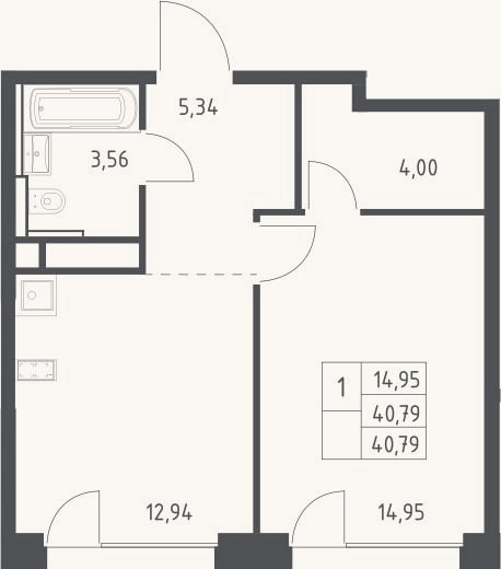 Планировка: 1-к, 41,3 м²