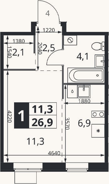 Планировка: Студия, 26,9 м²