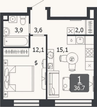 Планировка: 2-к, 36,7 м²
