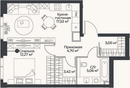 Планировка: 2-к, 46 м²