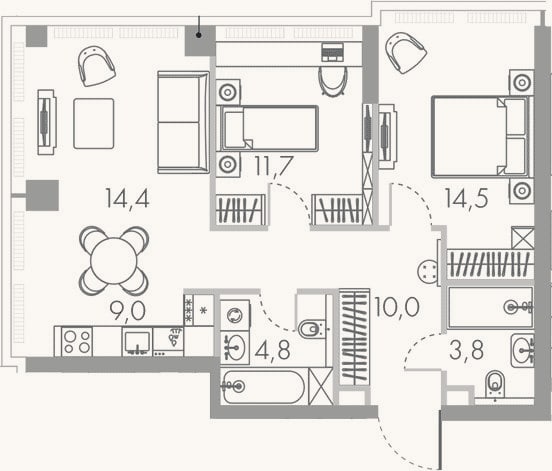 Планировка: 3-к, 64,6 м²
