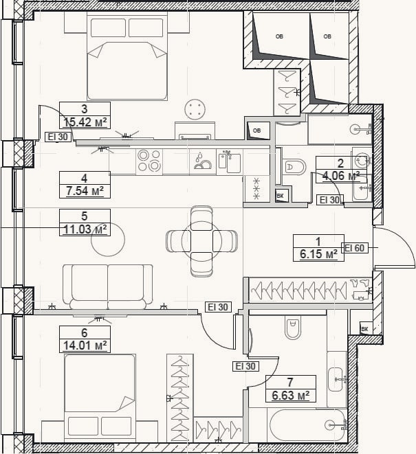 Планировка: 3-к, 64,8 м²