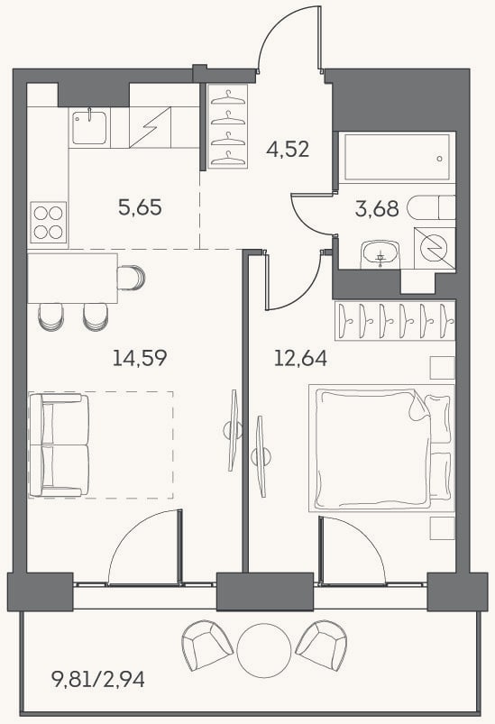 Планировка: 2-к, 41,1 м²
