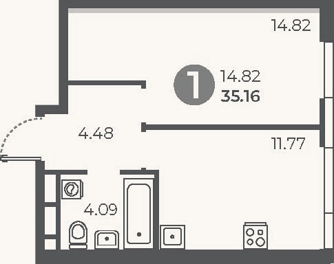 Планировка: 1-к, 35,2 м²