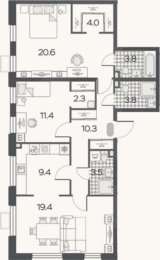 Планировка: 3-к, 88,5 м²