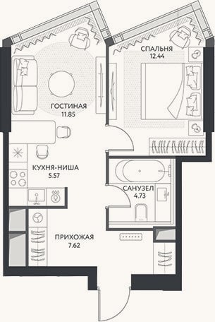 Планировка: 2-к, 42,2 м²