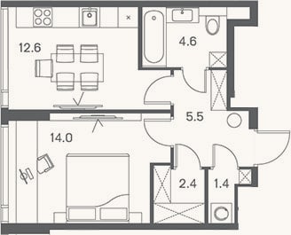 Планировка: 1-к, 40,5 м²