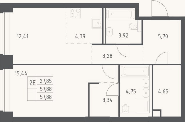 Планировка: 2-к, 57,9 м²