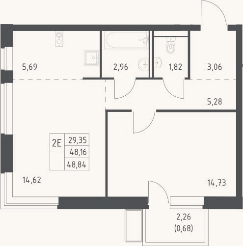 Планировка: 2-к, 48,2 м²