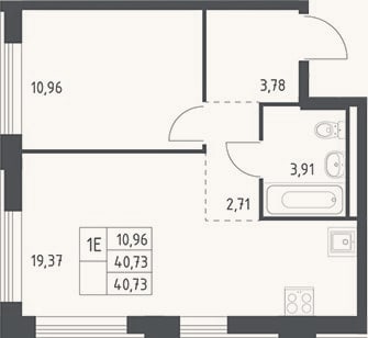 Планировка: 2-к, 40,7 м²