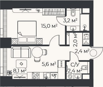 Планировка: 2-к, 38,8 м²