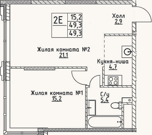 Планировка: 2-к, 49,3 м²
