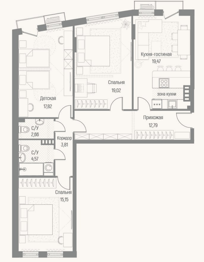 Планировка: 3-к, 95,4 м²