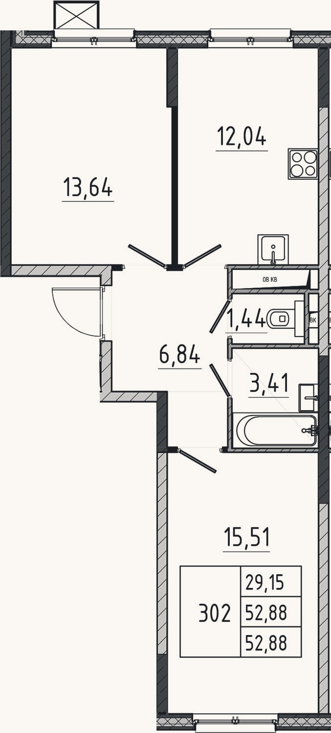 Планировка: 2-к, 52,9 м²