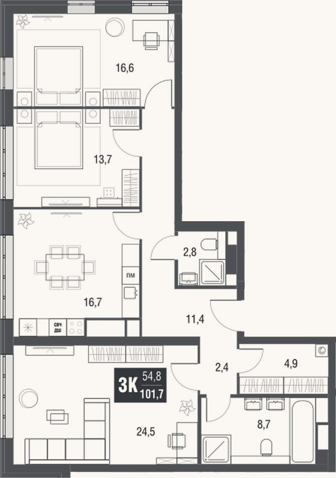 Планировка: 3-к, 101,8 м²