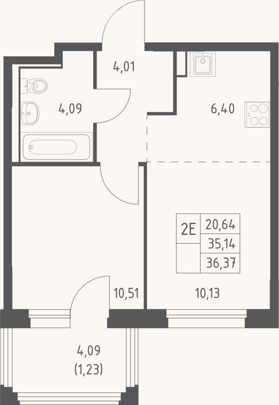 Планировка: 2-к, 35,1 м²