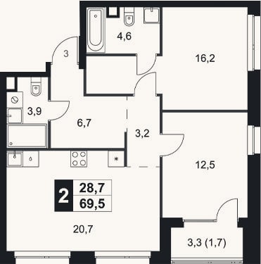 Планировка: 2-к, 67,8 м²