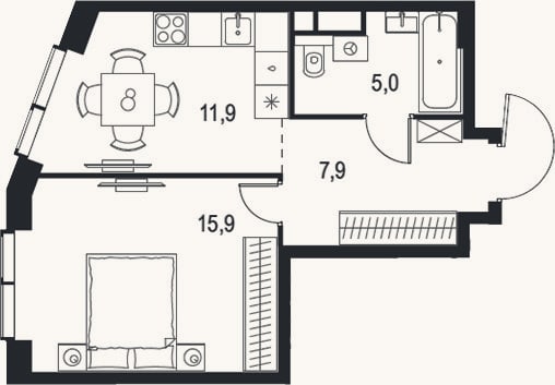Планировка: 1-к, 40,7 м²