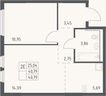 Планировка: 2-к, 40,8 м²