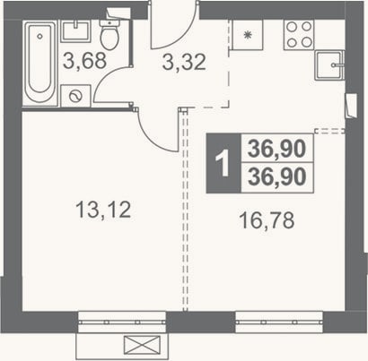 Планировка: 1-к, 36,9 м²