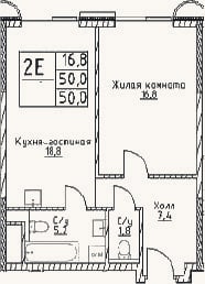 Планировка: 2-к, 50 м²