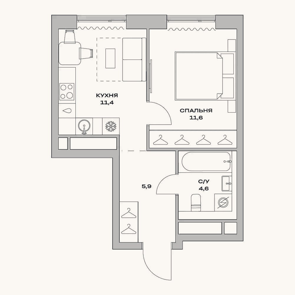 Планировка: 1-к, 33,5 м²