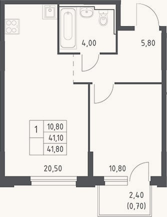 Планировка: 2-к, 41,1 м²