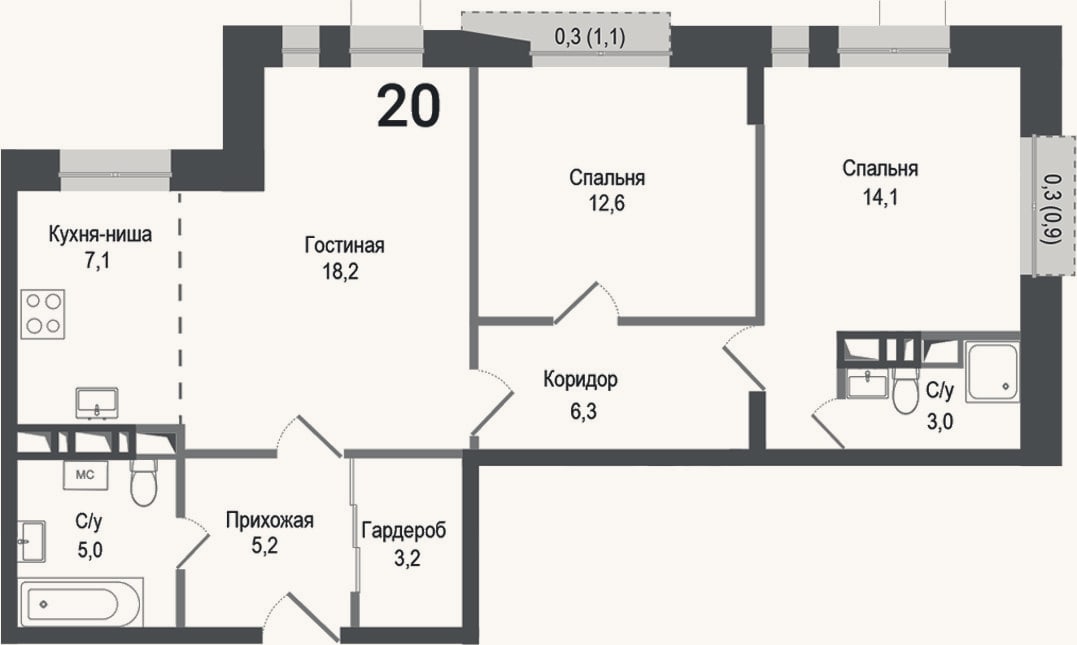 Планировка: 3-к, 74,7 м²