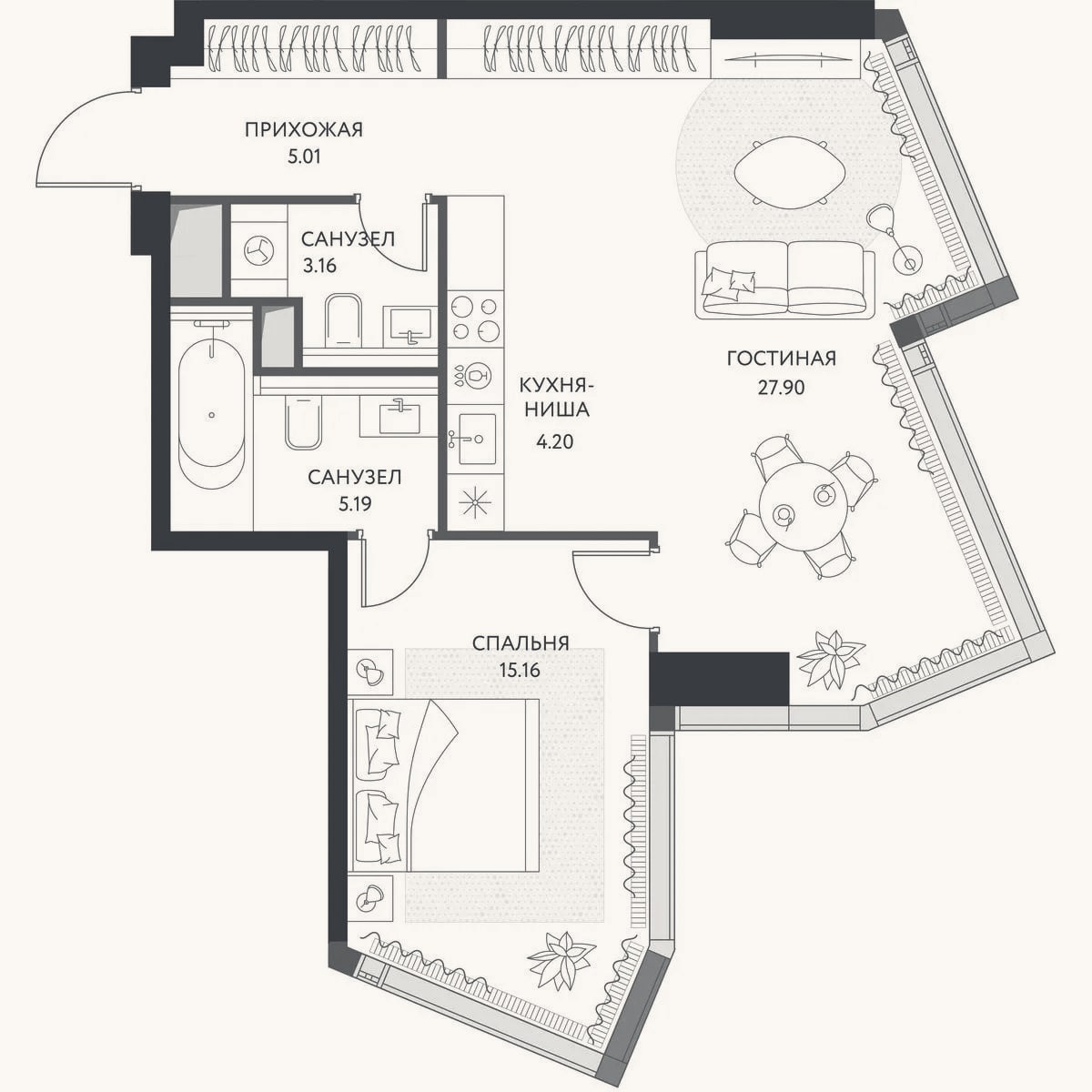 Планировка: 2-к, 60,7 м²