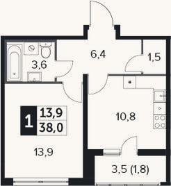 Планировка: 1-к, 36,2 м²