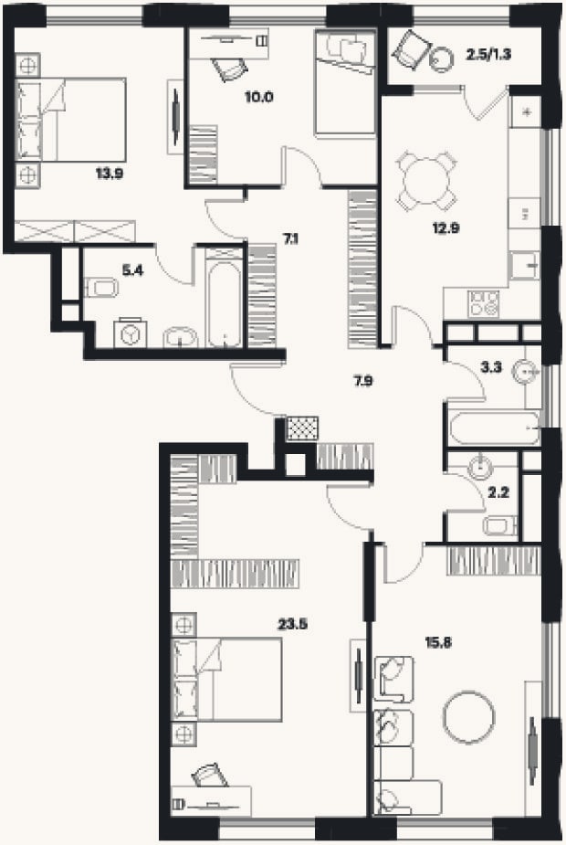 Планировка: 4+ к, 102 м²