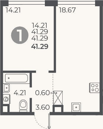 Планировка: 1-к, 41,3 м²