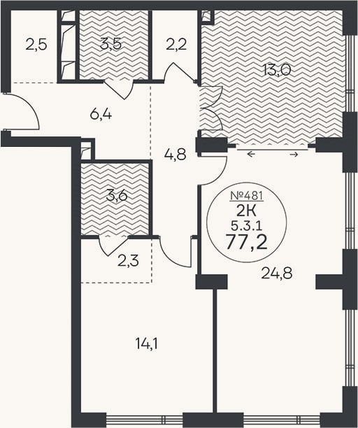 Планировка: 2-к, 77,2 м²