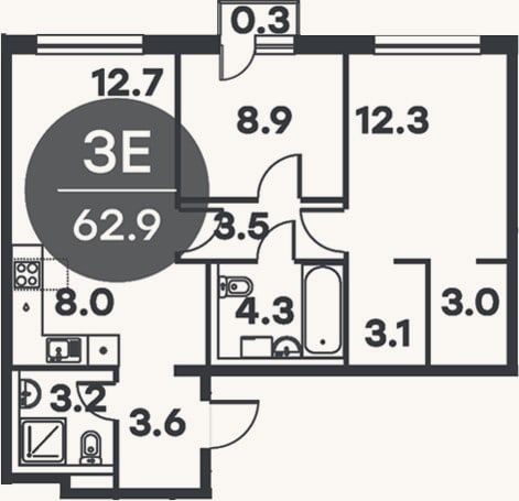 Планировка: 3-к, 62,6 м²