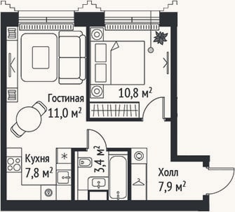 Планировка: 2-к, 40,9 м²