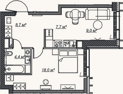 Планировка: 2-к, 47,8 м²
