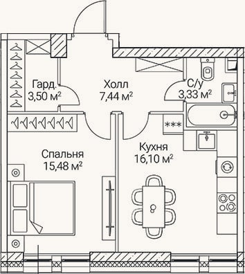 Планировка: 1-к, 45,9 м²