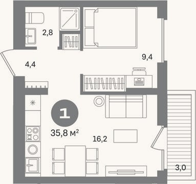 Планировка: 1-к, 32,8 м²