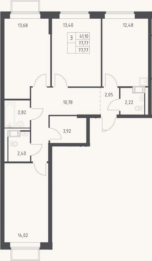 Планировка: 3-к, 77,8 м²