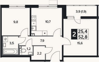 Планировка: 2-к, 51,9 м²