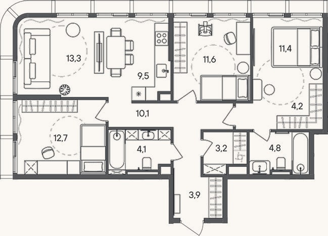 Планировка: 4+ к, 88,8 м²