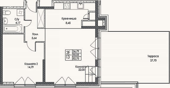 Планировка: 2-к, 55,1 м²