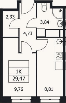 Планировка: 1-к, 29,5 м²