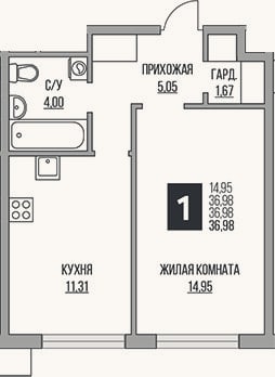 Планировка: 2-к, 37 м²