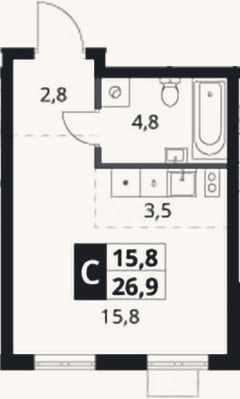 Планировка: Студия, 26,9 м²