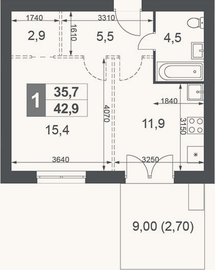 Планировка: 1-к, 40,2 м²