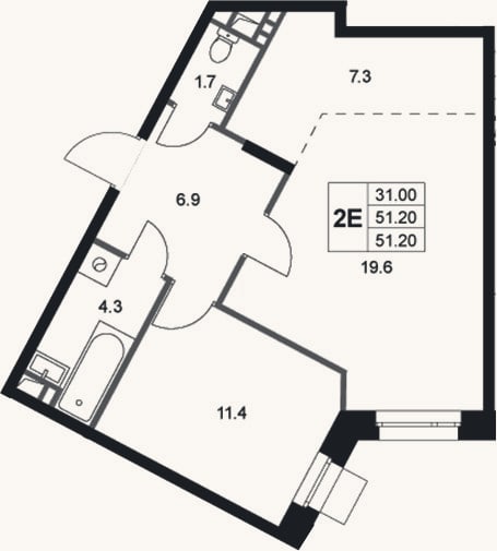 Планировка: 2-к, 51,2 м²